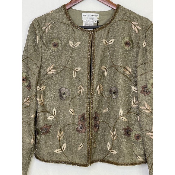 NEW Adrianna Papell Evening Beige Floral Silk Beaded & Sequin Jacket Lined Sz 6 - Picture 2 of 8
